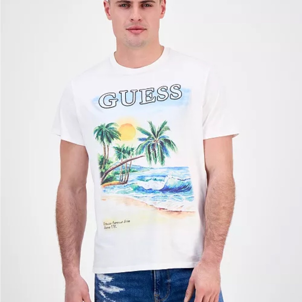 Men's Large‎ Ivory GUESS Short Sleeve Oceans View Graphic Crewneck T-Shirt